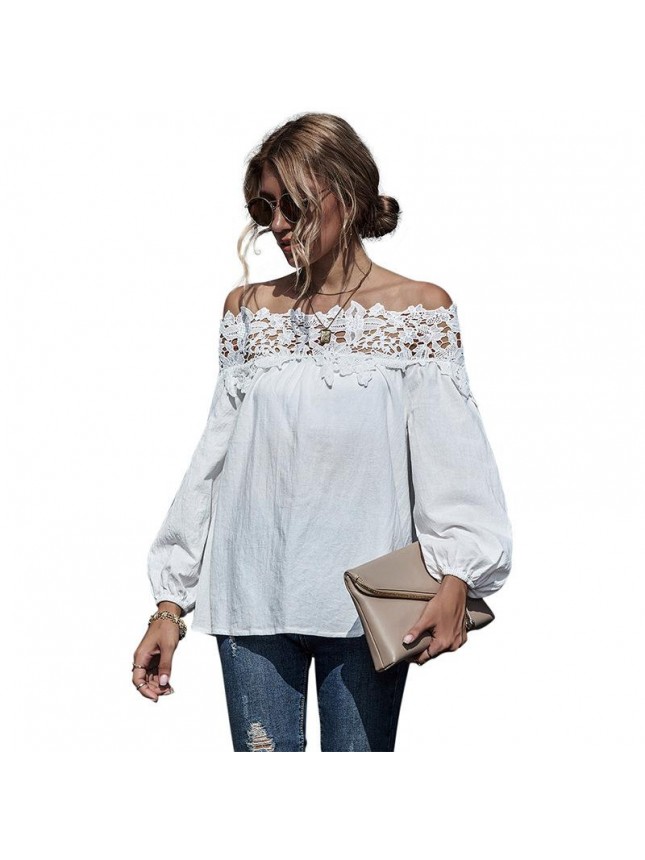 Lace splicing  word shoulder bubble sleeve shirt