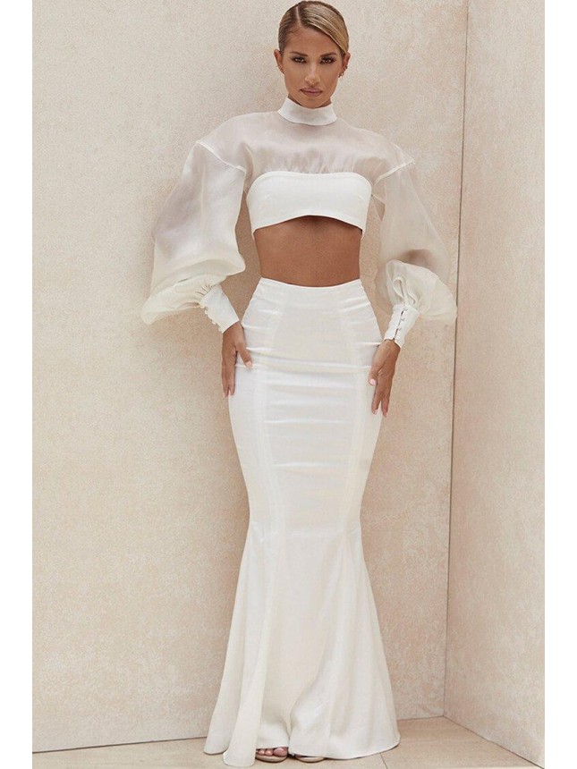 Organza Bishop Sleeve Mermaid High Waist Maxi Two Piece Dress – White