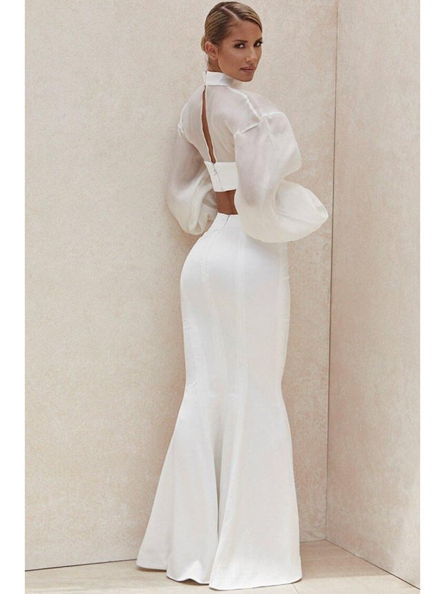 Organza Bishop Sleeve Mermaid High Waist Maxi Two Piece Dress – White
