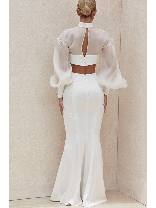 Organza Bishop Sleeve Mermaid High Waist Maxi Two Piece Dress – White