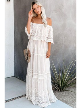 Floral Embroidered Off Shoulder Lace Maxi Beach Vacation Dress – White