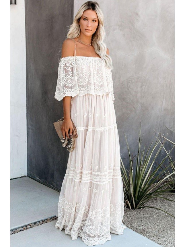 Floral Embroidered Off Shoulder Lace Maxi Beach Vacation Dress – White