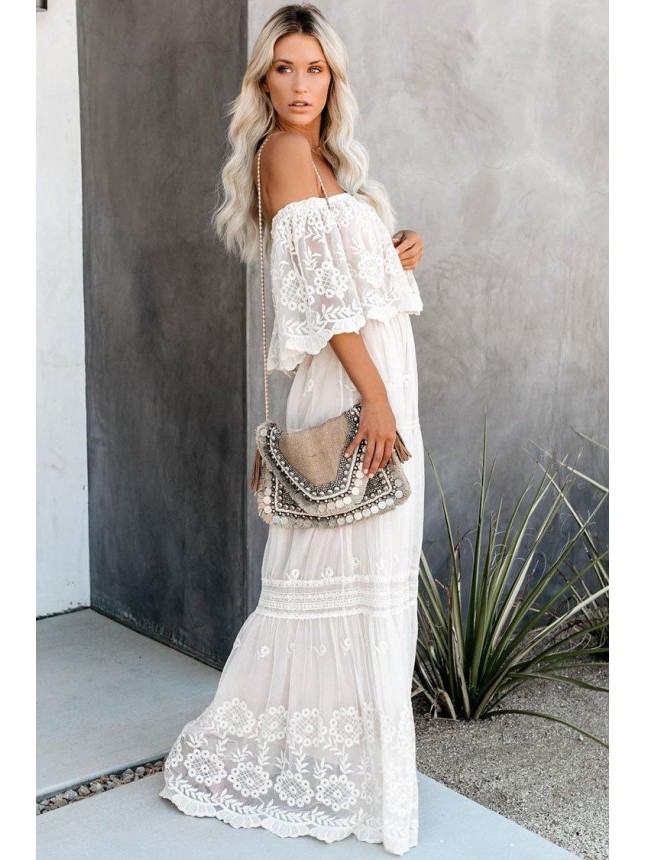 Floral Embroidered Off Shoulder Lace Maxi Beach Vacation Dress – White