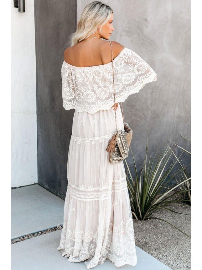 Floral Embroidered Off Shoulder Lace Maxi Beach Vacation Dress – White