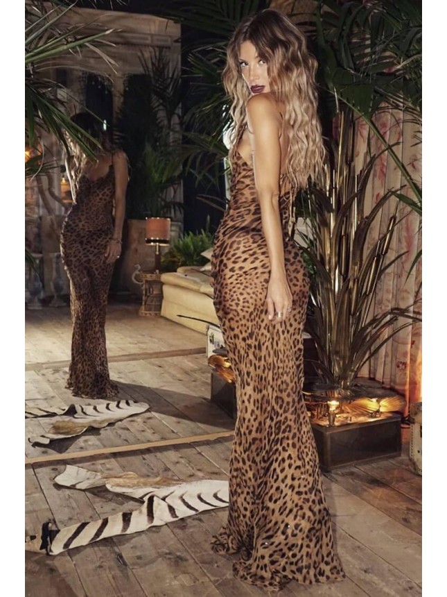 Leopard Spaghetti Strap Cowl Neck Chiffon Slip Maxi Dress – Coffee