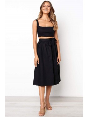 Casual Shirred Back High Waist Midi Two Piece Dress – Black