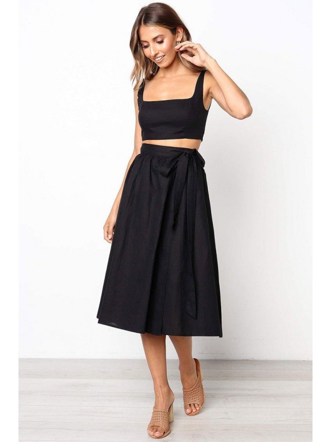 Casual Shirred Back High Waist Midi Two Piece Dress – Black