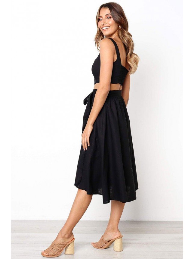 Casual Shirred Back High Waist Midi Two Piece Dress – Black