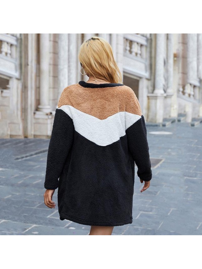 Long plush black coat loose long sleeve open shirt woolen coat