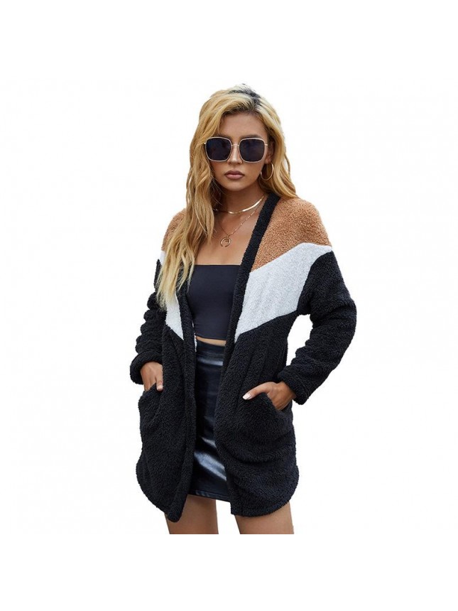 Long plush black coat loose long sleeve open shirt woolen coat