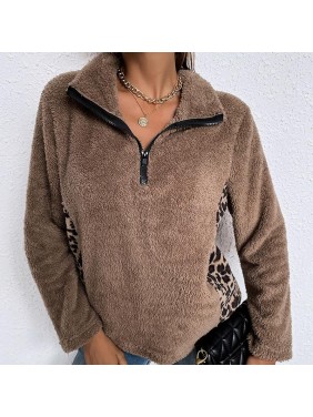 Dedicated to splicing leopard long sleeved shirts, lapel, plus velvet sweater