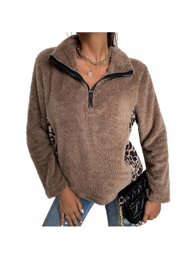 Dedicated to splicing leopard long sleeved shirts, lapel, plus velvet sweater