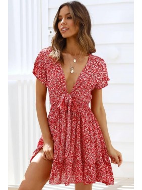 Floral Tie Front Mini Summer Dress – Red