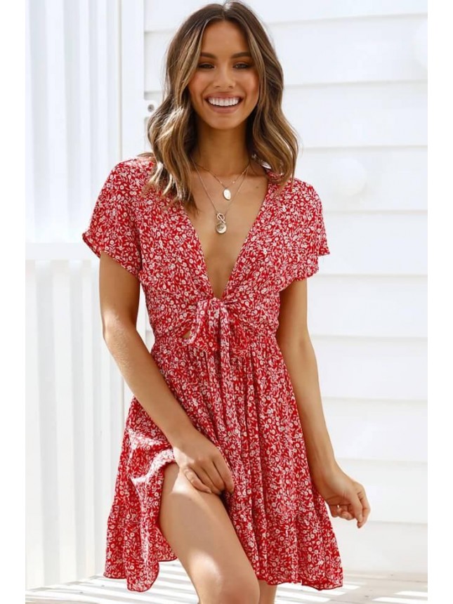 Floral Tie Front Mini Summer Dress – Red