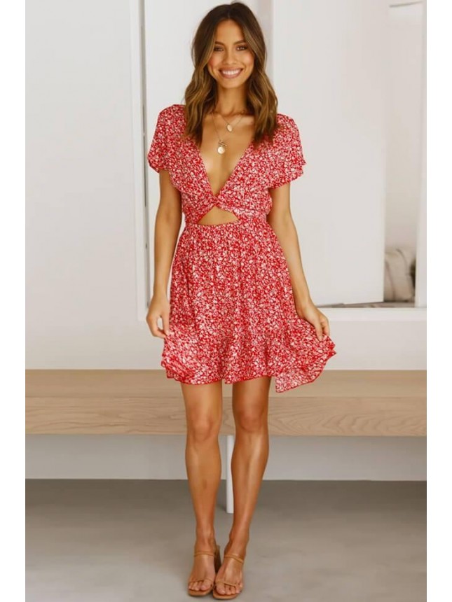 Floral Tie Front Mini Summer Dress – Red