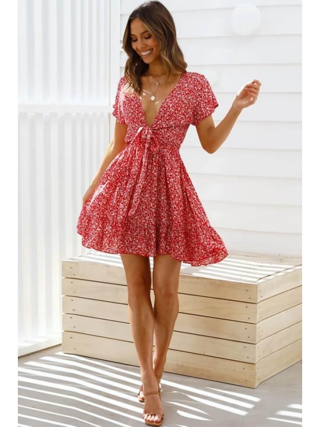 Floral Tie Front Mini Summer Dress – Red