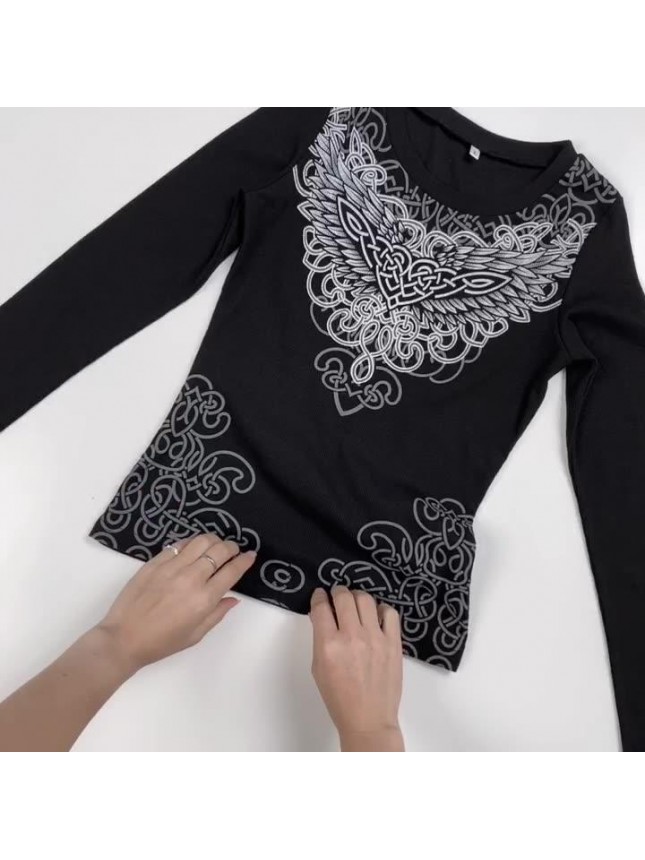 Colorful abstract print T shirt long sleeved bottoming top