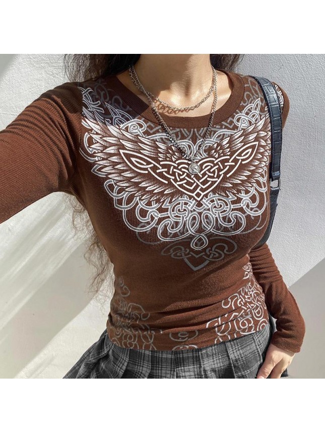 Colorful abstract print T shirt long sleeved bottoming top