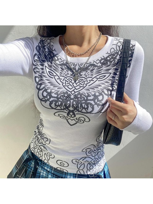 Colorful abstract print T shirt long sleeved bottoming top