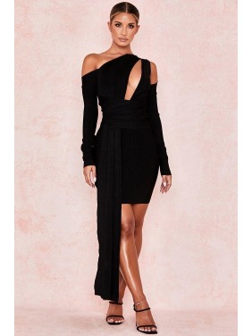 Long Sleeve Cut Out Bandage Ruched Mini Cocktail Party Dress – Black