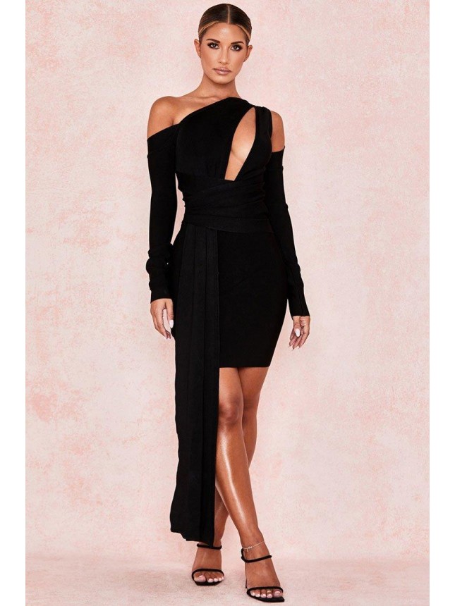 Long Sleeve Cut Out Bandage Ruched Mini Cocktail Party Dress – Black