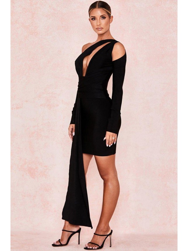 Long Sleeve Cut Out Bandage Ruched Mini Cocktail Party Dress – Black