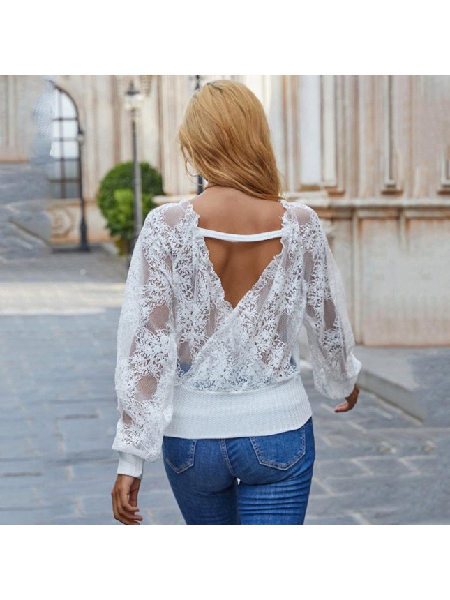 Splicing lace clothespin  loose long sleeve white t shirt