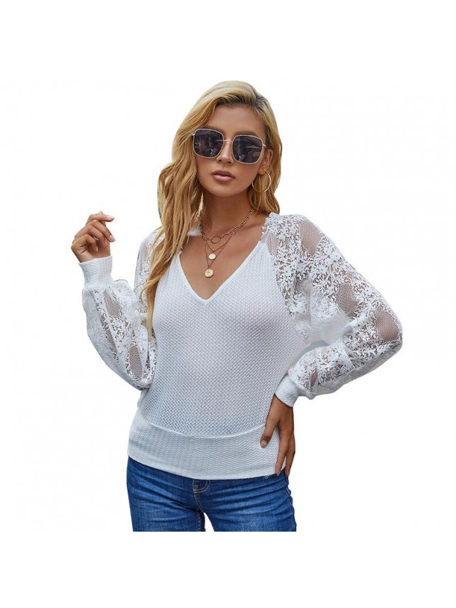 Splicing lace clothespin  loose long sleeve white t shirt