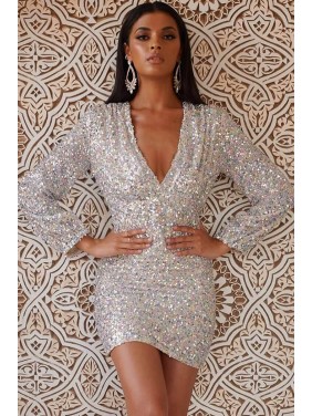 Iridescence Long Sleeve V Neck Bodycon Sequin Mini Dress – Multicolor