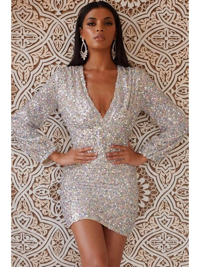 Iridescence Long Sleeve V Neck Bodycon Sequin Mini Dress – Multicolor