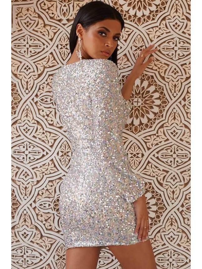 Iridescence Long Sleeve V Neck Bodycon Sequin Mini Dress – Multicolor