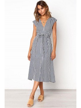 Belted Striped Cap Sleeve Midi Dress – Blue