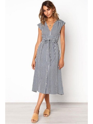 Belted Striped Cap Sleeve Midi Dress – Blue