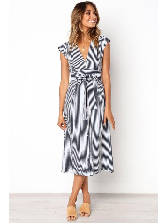 Belted Striped Cap Sleeve Midi Dress – Blue