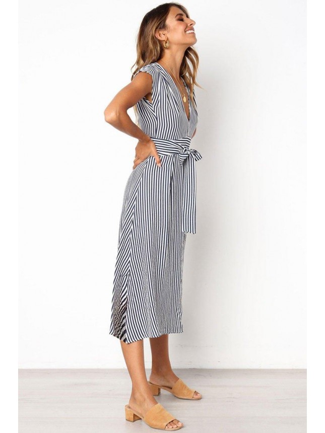 Belted Striped Cap Sleeve Midi Dress – Blue