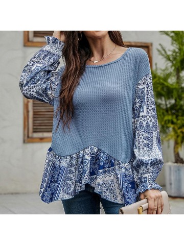 Blue long loose long sleeve T shirt irregular top