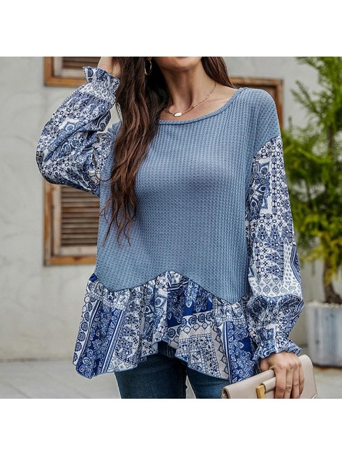 Blue long loose long sleeve T shirt irregular top
