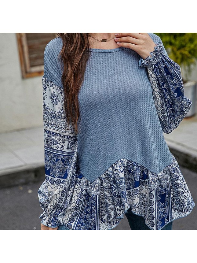 Blue long loose long sleeve T shirt irregular top
