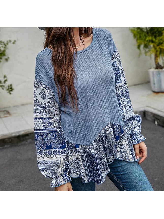 Blue long loose long sleeve T shirt irregular top