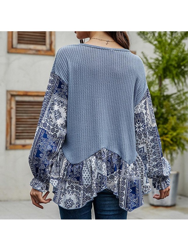 Blue long loose long sleeve T shirt irregular top