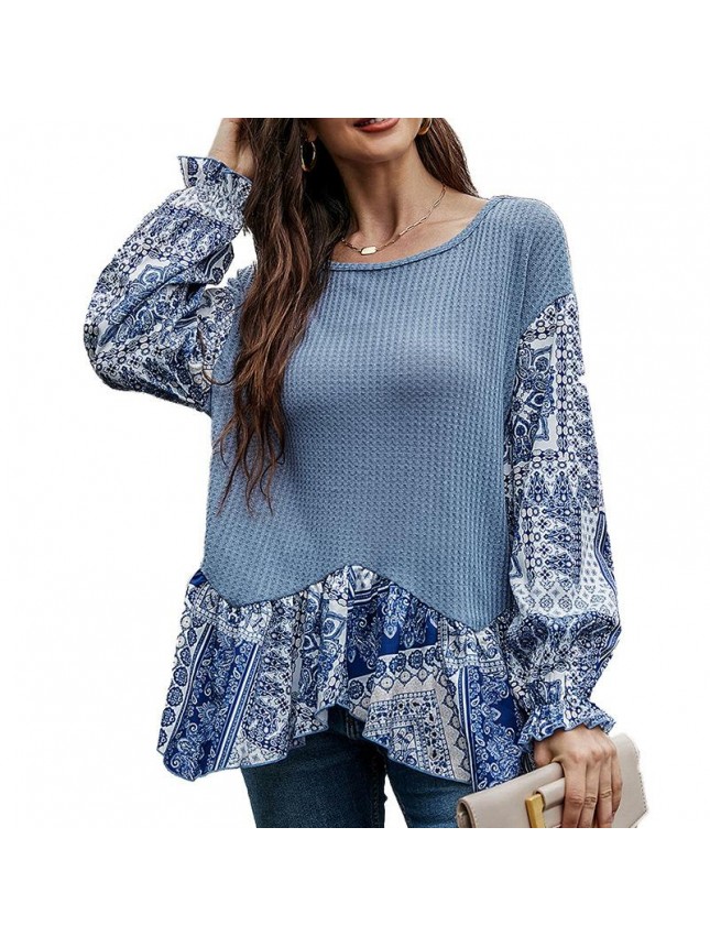 Blue long loose long sleeve T shirt irregular top