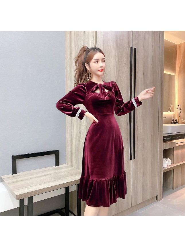 Long Sleeve Bow Neck Side Pocket Flared Mini Velvet Dress – Burgundy
