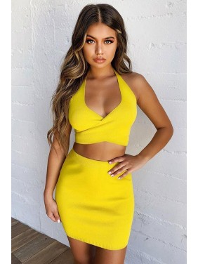 Wrap Front Halter Sweater Mini Two Piece Dress – Yellow