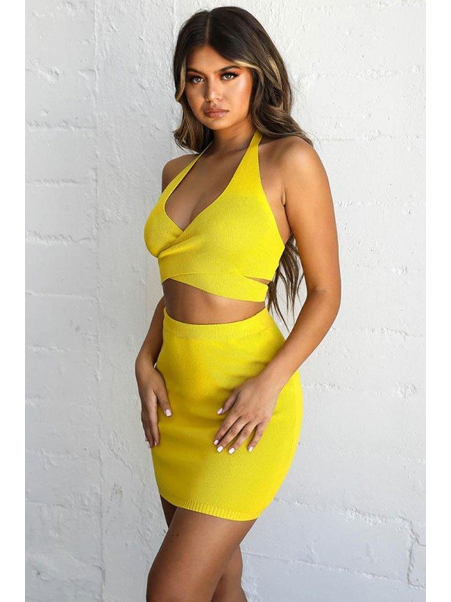 Wrap Front Halter Sweater Mini Two Piece Dress – Yellow