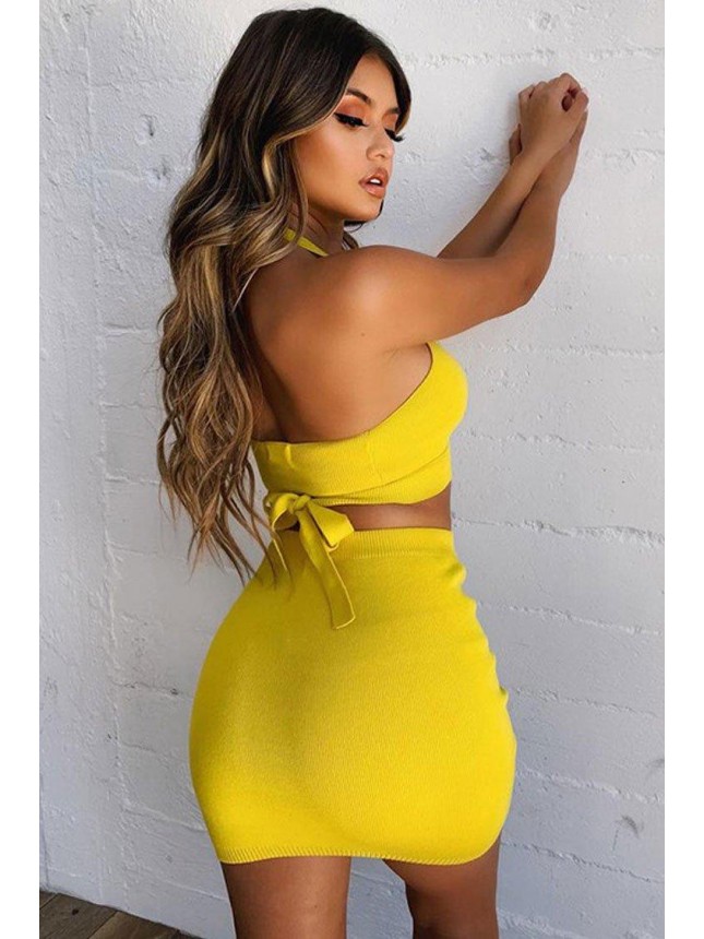 Wrap Front Halter Sweater Mini Two Piece Dress – Yellow
