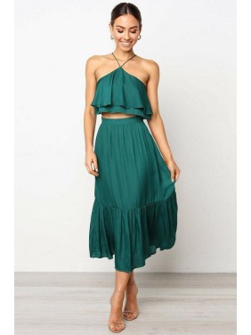 Layered Ruffle Halter High Waist Midi Two Piece Dress – Emerald Green