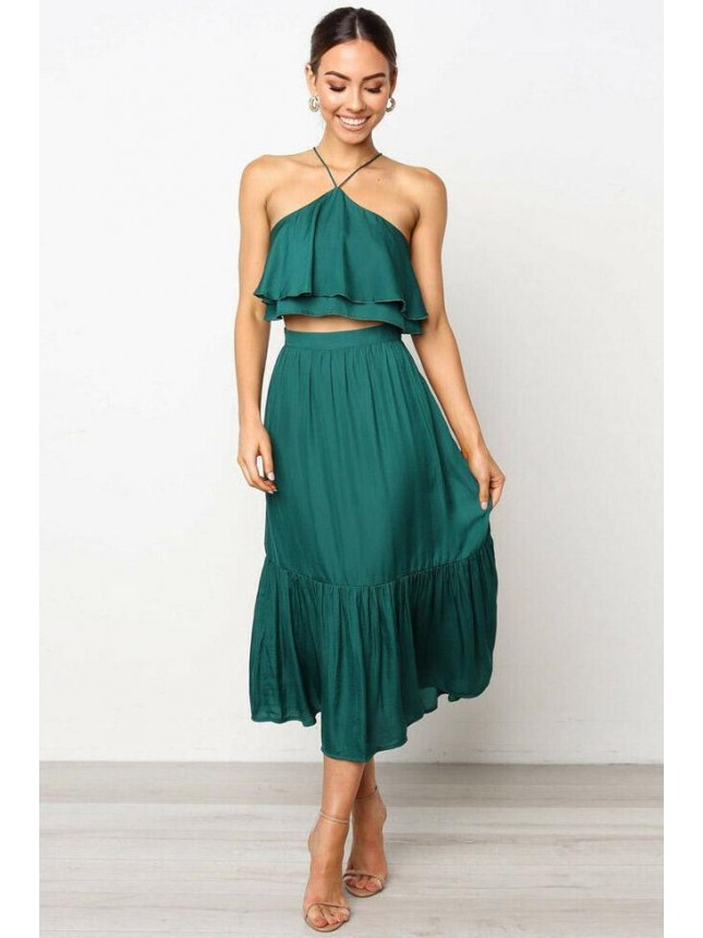 Layered Ruffle Halter High Waist Midi Two Piece Dress – Emerald Green