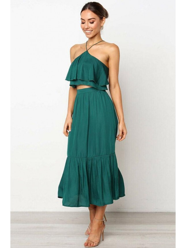 Layered Ruffle Halter High Waist Midi Two Piece Dress – Emerald Green