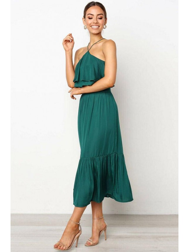 Layered Ruffle Halter High Waist Midi Two Piece Dress – Emerald Green