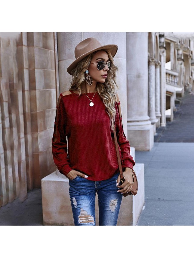Original design solid color sweater hollow long sleeved loose  shirt